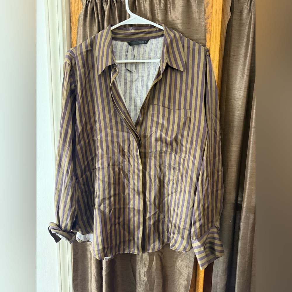 Zara Striped Button-Down Shirt in Olive Green and Purple